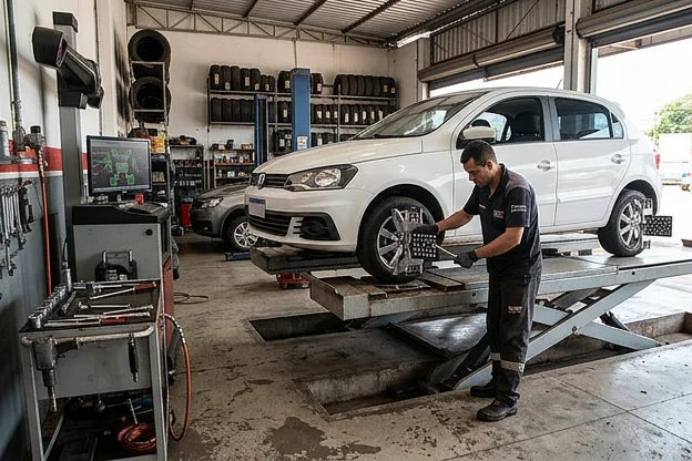 Carro sendo alinhado por um técnico em uma borracharia.