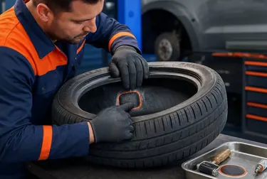Profissional consertando um pneu em uma borracharia, com ferramentas ao redor.