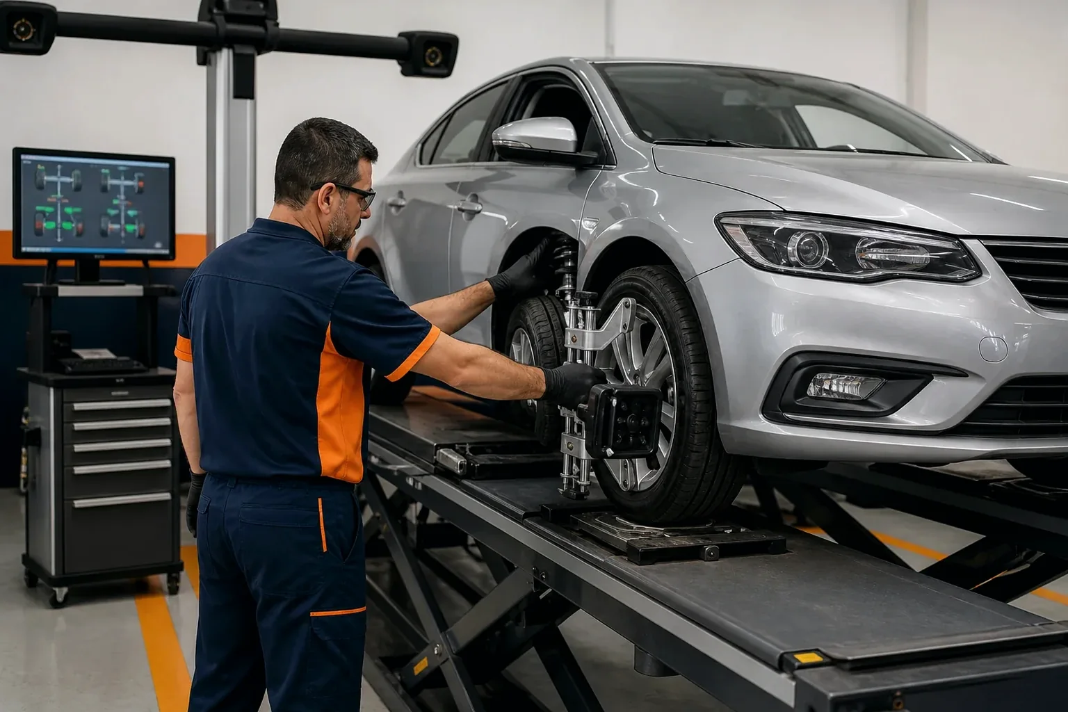 Técnico ajustando o alinhamento das rodas de um carro em uma borracharia.