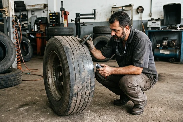 Técnico inspecionando um pneu desgastado.
