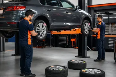 Técnico realizando o rodízio de pneus de um veículo.