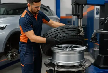 Técnico trocando um pneu de carro em uma borracharia, com materiais de trabalho ao redor.