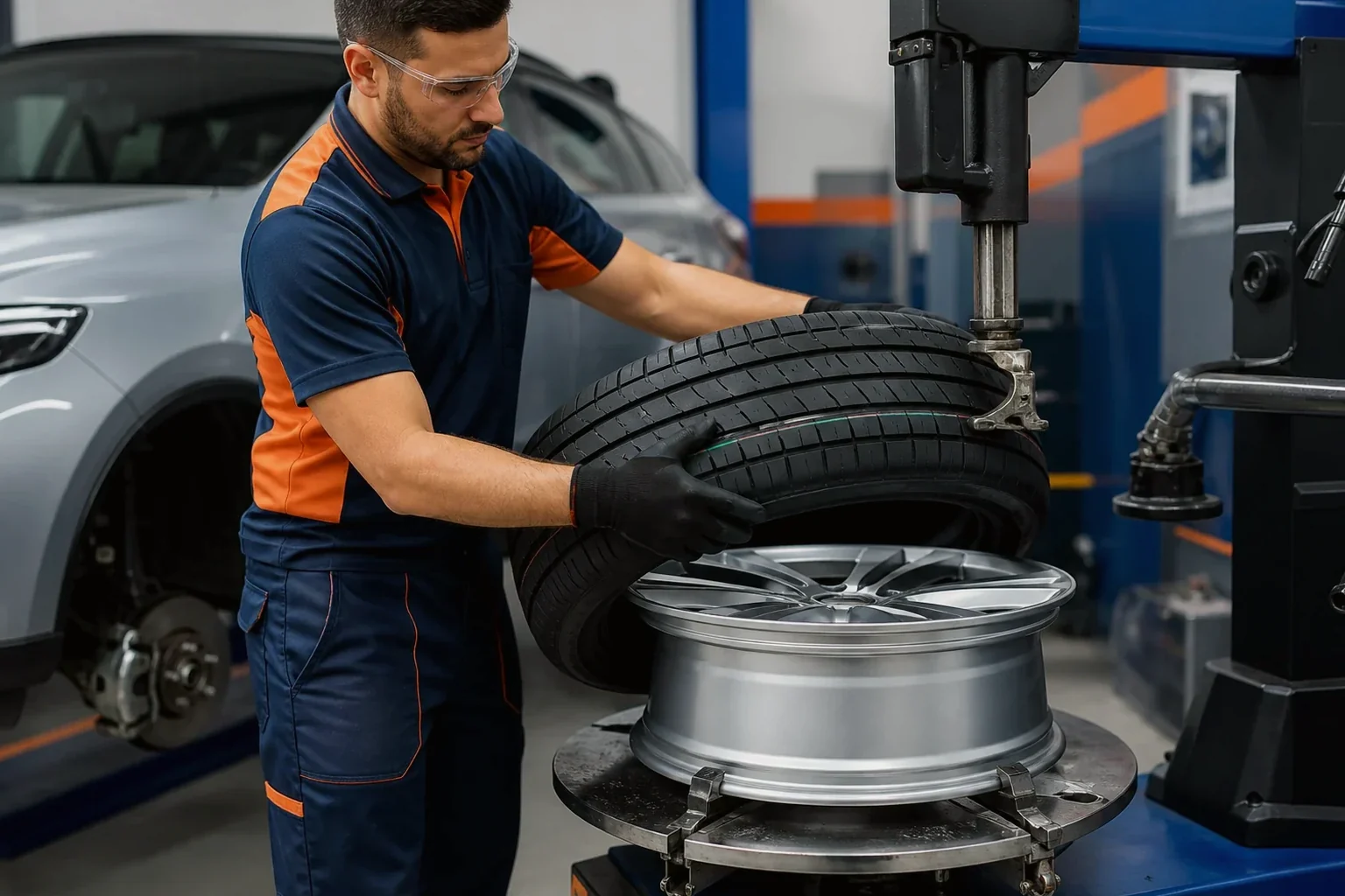 Técnico trocando um pneu de carro em uma borracharia, com materiais de trabalho ao redor.